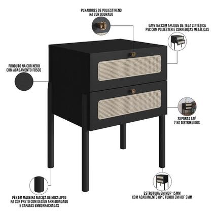 Imagem de Kit 02 Mesas De Cabeceira 02 Gavetas Com Telinha Pés Madeira Moss A03 Nero Preto