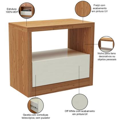 Imagem de Kit 02 Mesas de Cabeceira Moderna 1 Gaveta Cameron D03 Freijó Off White - Lyam Decor