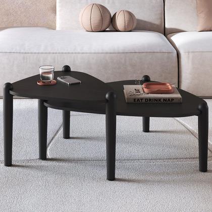 Imagem de Kit 02 Mesas de Centro Para Sala de Estar Pés Madeira Trium A03 Nero Preto - Lyam Decor