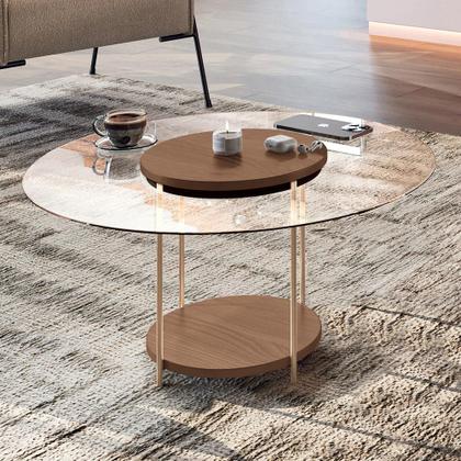 Imagem de Kit 02 Mesas de Centro Para Sala Redonda Tampo Vidro Pés Aço Allure B01 Castanho - Lyam Decor