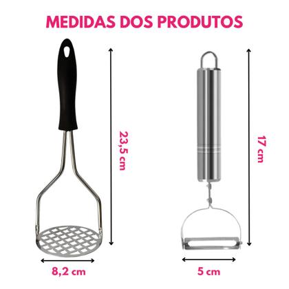Imagem de Kit 02 Pç: Amassador Espremedor Triturador Batata E Descascador Legumes Fruta Inox Utensilio