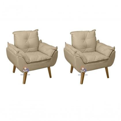 Imagem de Kit 02 Poltrona/cadeira Decorativa E Puff Glamour Com Pés Quadrado Bege Linho
