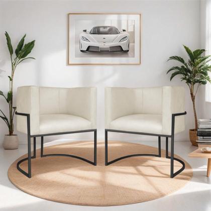 Imagem de Kit 02 Poltronas Decorativas Luna Base de Ferro Preto Linho Bege
