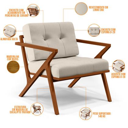 Imagem de Kit 02 Poltronas Decorativas Sala de Estar com Cintas de Corano Laís B04 Linho Cru - Lyam Decor