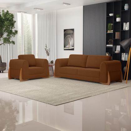 Imagem de Kit 02 Poltronas e 01 Sofá Bloom 160cm 02 Lugares com Pés de Madeira Bouclê Terracota - Desk Design