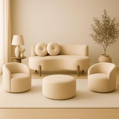 Imagem de Kit 02 Poltronas Gaia +Sofá + Puff Living Decorativo Curvo Orgânico Boucle Bege - Montanaris Decor