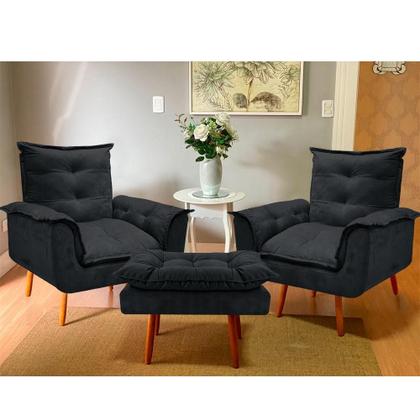 Imagem de Kit 02 Poltronas Opala Com Puff Suede Pés Palito - Bela Móveis