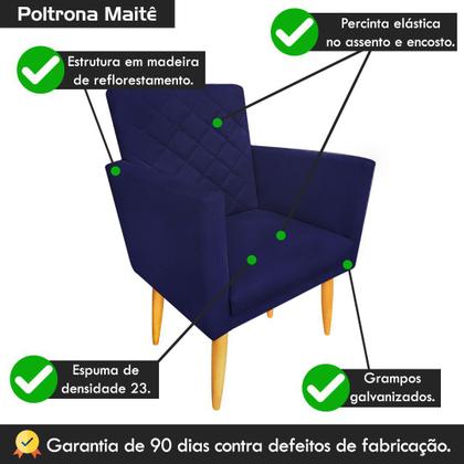 Imagem de Kit 02 Poltronas + Puff Maitê Suede Azul Marinho Decoração - 2M Decor