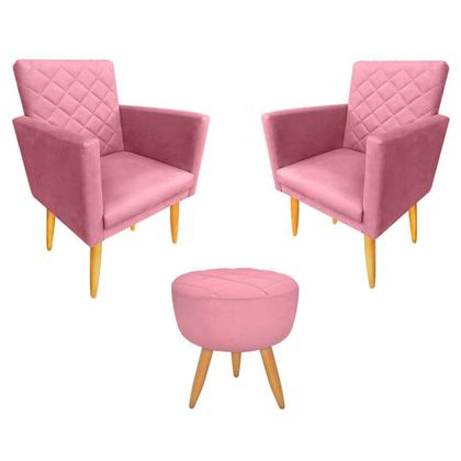 Imagem de Kit 02 Poltronas + Puff Maitê Suede Rosa pés palito - 2M Decor