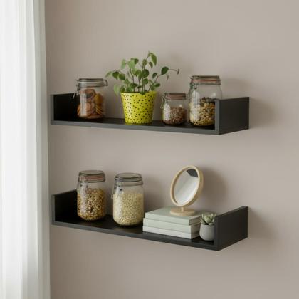 Imagem de KIT 02 Prateleiras U MDF 60cm Preto Livros Decoração Cozinha Quarto Sala Escritório