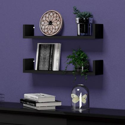 Imagem de KIT 02 Prateleiras U MDF 60cm Preto Livros Decoração Cozinha Quarto Sala Escritório