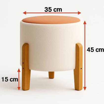 Imagem de KIT 02 Puff Soft Bouclé Banqueta Assento Elegante com Couro e Pés de Madeira para Sala e Quarto
