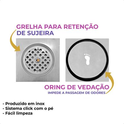 Imagem de Kit 02 Ralo Click Quadrado Inteligente 10x10 Inox Veda Cheiro e Insetos Inteligente Grelha Chão