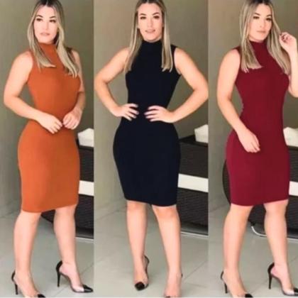 Imagem de Kit 02 Vestido Canelado Feminino Gola Alta Malha Canelada