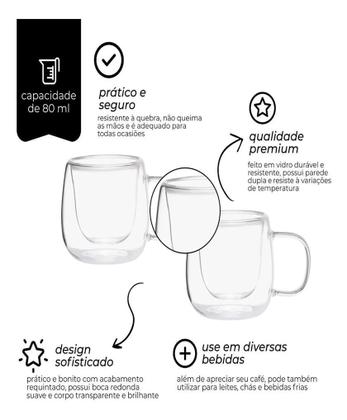 Imagem de Kit 02 Xicaras De Vidro Café Expresso Parede Dupla 80ml