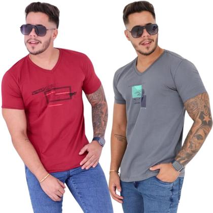 Imagem de Kit 03 Camisas Gola V Masculina Silkada Casual 100%Algodão