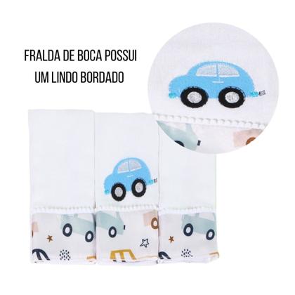 Imagem de Kit 03 Fraldas de Boca Bordada Estampada Para Bebê Menina Menino