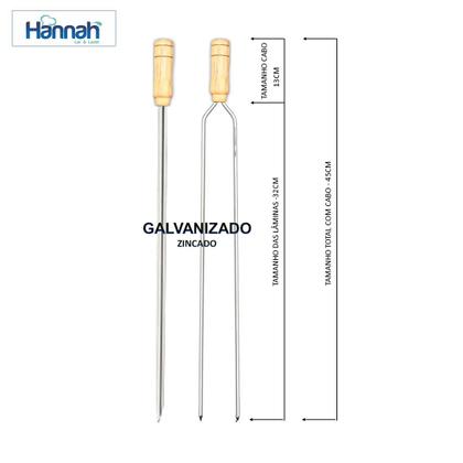 Imagem de Kit 03 Pçs Espeto Tradicional 02 Duplo e 01 Simples Aço Galvanizado Cabo Madeira Varios Tamanhos Hannah 