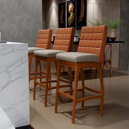 Imagem de Kit 04 Banquetas Altas Cozinha Sala De Jantar Fixa Mila L02 material sintético Camel Linho Bege - Lyam Decor