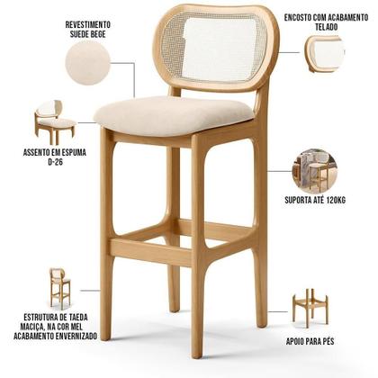 Imagem de Kit 04 Banquetas Altas Para Cozinha Bancada Sala Tela Betta Fixa L02 Suede Bege - Lyam