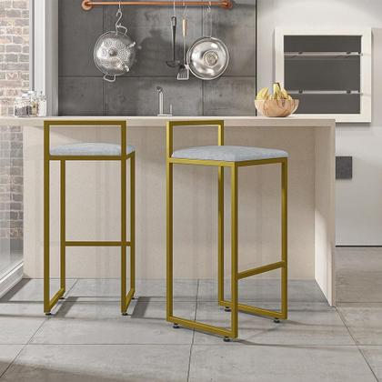 Imagem de Kit 04 Banquetas Altas Para Cozinha Sala De Jantar Hanna L02 Dourado Linho Cinza - Lyam Decor