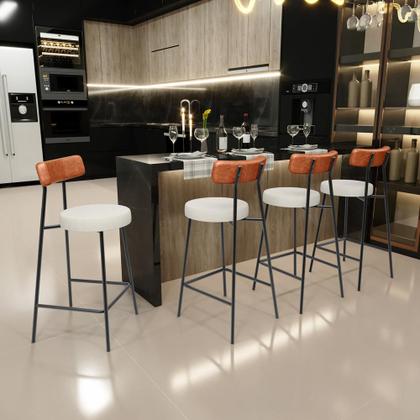 Imagem de Kit 04 Banquetas Baixa Cozinha Sala Jantar Milão L02 material sintético Camel Linho Champagne -LyamDecor