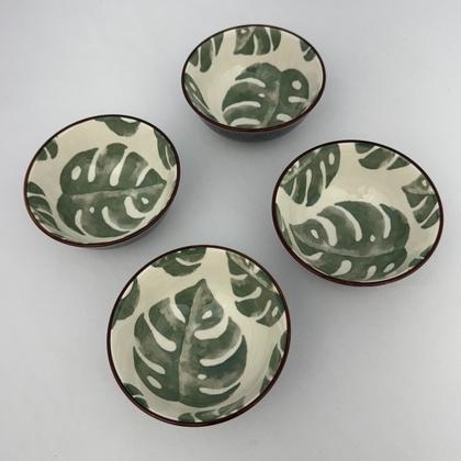Imagem de Kit 04 Bowl Tigela Cumbuca Cerâmica Folhagem Verde Pequeno