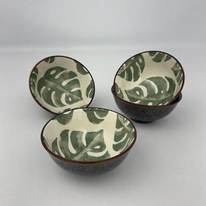 Imagem de Kit 04 Bowl Tigela Cumbuca Cerâmica Folhagem Verde Pequeno