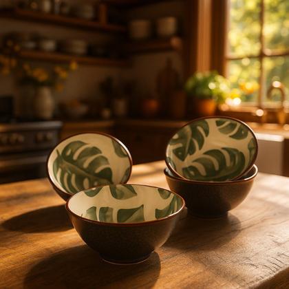 Imagem de Kit 04 Bowl Tigela Cumbuca Cerâmica Folhagem Verde Pequeno