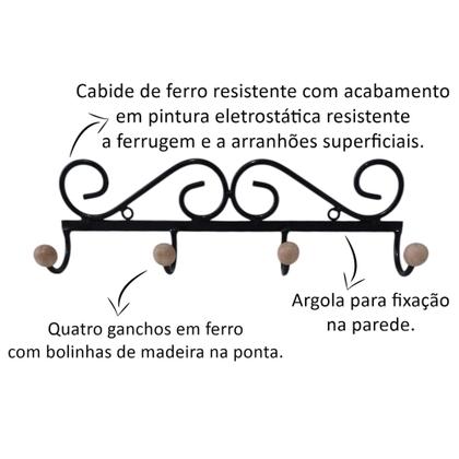 Imagem de Kit 04 Cabideiros de Parede Tradicional com 4 Ganchos - Oferta de Fábrica