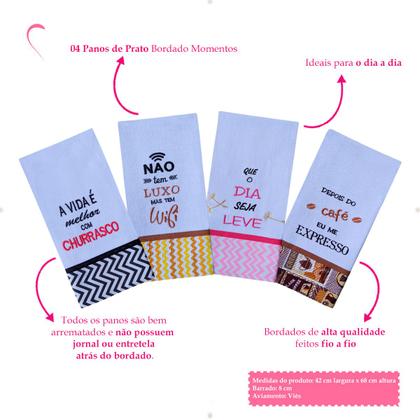 Imagem de Kit 04 Panos De Prato Bordado Coleção Momentos 100% Algodão