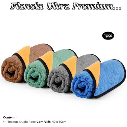 Imagem de Kit 04 Panos Flanela E Microfibra Dupla Face Toalha Para Limpeza Em Geral Casa Carro Moto