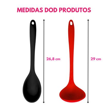 Imagem de Kit 04 Pç: Colher Arroz E Concha Feijão Caldos Em Silicone Maciço Para Panelas Teflon Ceramico
