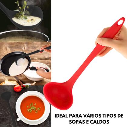 Imagem de Kit 04 Pç: Colher Arroz E Concha Feijão Caldos Em Silicone Maciço Para Panelas Teflon Ceramico