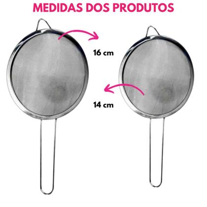 Imagem de Kit 04 Pç Peneira Aço Inox Utensílio Para Cozinha Peneirar Polvilhar Coar Tamanho 2x 14 e 2x 16