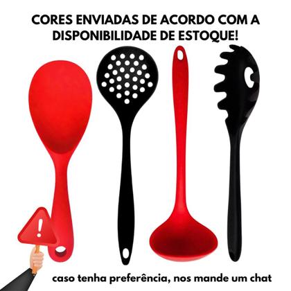 Imagem de Kit 04 Pçs Silicone Maciço Jogo Colher Pequena Escumadeira Universal Pegador Massas Concha Feijão