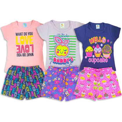 Imagem de Kit 04 Peças Roupa Infantil Conjunto Menina 2 Camisetas + 2 Bermuda/Shorts Verão