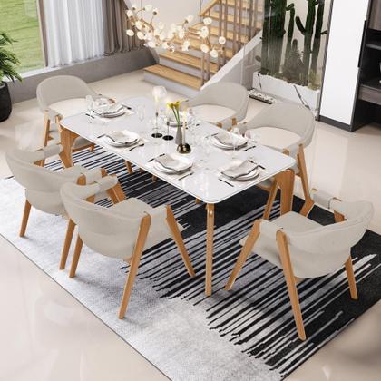 Imagem de Kit 05 Cadeiras de Jantar e Estar Living Estofada Nadja L02 Linho Bege - Lyam Decor