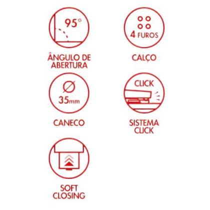 Imagem de Kit 05 Dobradiças Inox Curva Amortecedor Click + Parafusos