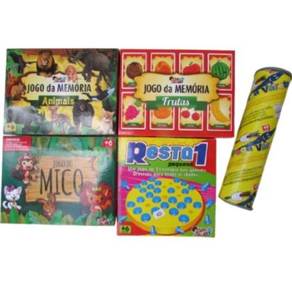 Imagem de Kit 05 Jogos Memória Animais + Memória Frutas +Jogo Mico + Resta 1 Pequeno + Pega Varetas 25 Peças .