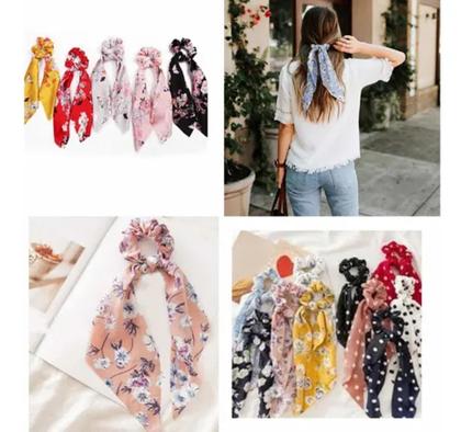 Kit 5 xuxinhas scrunchie laço tipo lenço estampadas em cores sortidas, tendência moda blogueira 2025