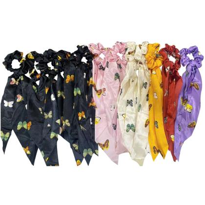Imagem de Kit 05 Laços Longo De Cabelo Estampado Rabicó Cetim Lenço Scrunchie