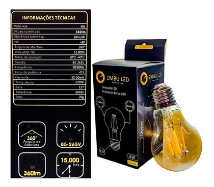 Imagem de Kit 05 Lâmpadas Filamento Led Retrô A60 4w Âmbar Bivolt E27