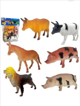 Imagem de Kit 06 Animais Fazenda Brinquedo Vaca Porco Boi Fazendeiro