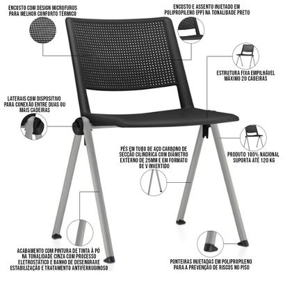 Imagem de Kit 06 Cadeiras Empilhável Fixa Lift F02 Base Aço Cinza Preto - Lyam Decor