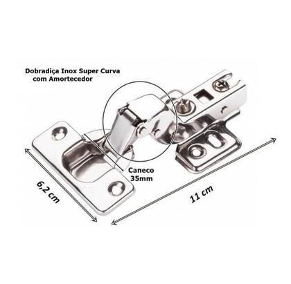 Imagem de Kit 06 Dobradiças Inox Super Curva Amortecedor Móveis Portas