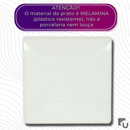 Imagem de Kit 06 Prato Raso Quadrado Branco de Melamina 20cm Leve Plástico Resistente - Bestfer