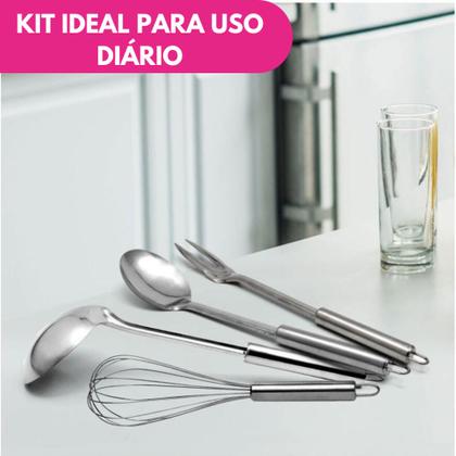 Imagem de Kit 06 Utensílio Cozinha Inox Concha Colher Arroz Garfo Trinchante Escumadeira Pegador Batedor
