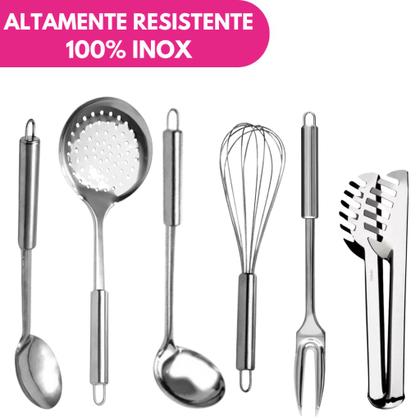 Imagem de Kit 06 Utensílio Cozinha Inox Concha Colher Arroz Garfo Trinchante Escumadeira Pegador Batedor