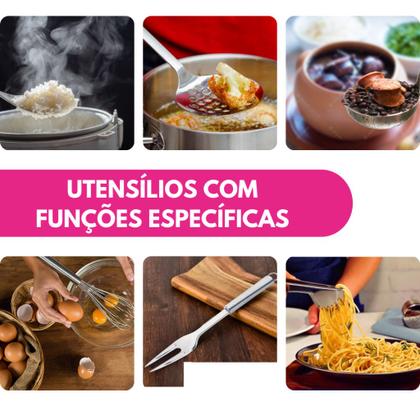 Imagem de Kit 06 Utensílio Cozinha Inox Concha Colher Arroz Garfo Trinchante Escumadeira Pegador Batedor